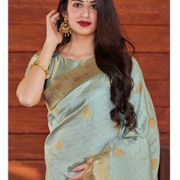 CaniBani Turquoise Blue Silk Blend Banarasi Sarees-image-28