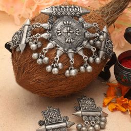 Moedbuille Silver-Plated Oxidised Ghungroo-Studded Jewellery Set-image-69