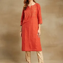 Fabindia Ethnic Motifs Printed Beads & Stones Cotton Straight Kurta-42