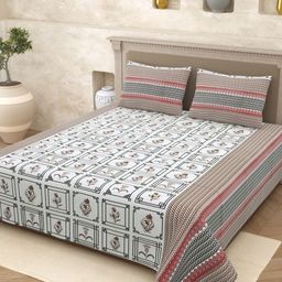 Myntra Elegant Homes White & Black Ethnic Motifs 210 TC Queen Bedsheet with 2 Pillow Covers-image-85