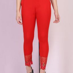 DIMPY GARMENTS Women Solid Slim Fit Mid-Rise Trousers With Lace Detail-image-43