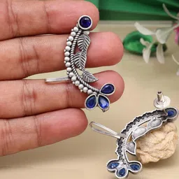 PREYANS Silver Plated Blue Color Oxidised Ear Cuff Earrings-picture-14