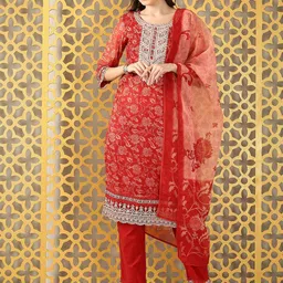 Anouk Floral Printed Round Neck Organza Straight Kurta With Trousers & Dupatta-picture-20