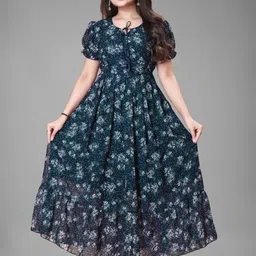 BAESD Floral Print Keyhole Neck Puff Sleeve Georgette Fit & Flare Maxi Dress-image-16