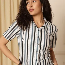 AKIMIA Striped Mandarin Collar Sheer Lace Shirt Style Top-image-27