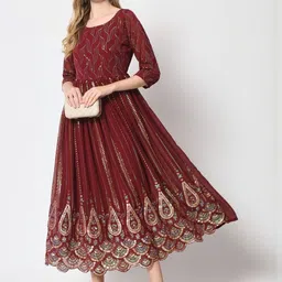 KALINI Women Maroon Georgette Fit and Flare Dresses-picture-12