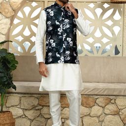 KRAFT INDIA Mandarin Collar Straight Kurta with Churidar & Floral Nehru Jacket-picture-55