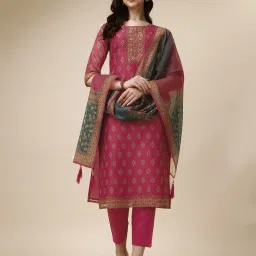 Women Chanderi Kurta Pant Dupatta Set-image-54