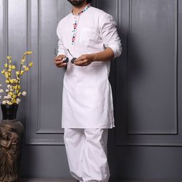 MIDAV Men Thread Work White Romance Pathani Kurta-picture-17