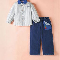 Hopscotch Kids Boys White & Blue Striped Shirt With Trousers-picture-0