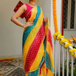 Indi INSIDE Printed Embellished Beads and Stones Bandhani Saree-image-38