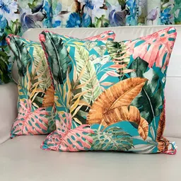 TARA- Sparkling Homes Blue & Pink Set of 2 Floral Velvet Square Cushion Covers-96