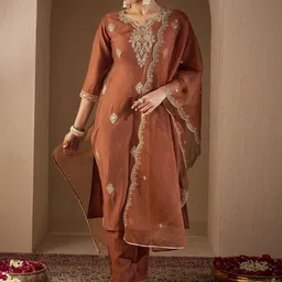 Indo Era Women Ethnic Motifs Embroidered Regular Liva Kurta with Trousers & With Dupatta-45
