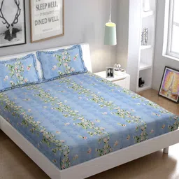 Luxmi Cotton Fabrics Blue & Yellow Floral Printed 144 TC Queen Bedsheet Set 2.4 m x 2.25 m-image-95