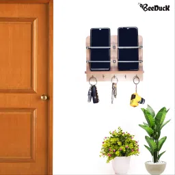 BeeDuck Wooden Double Mobile Holder Stand With 5 Key Hooks for Key,Phone Charging,Remote Mobile Holder image 2