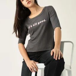 Women Solid Round Neck Cotton Blend Grey T-Shirt-image-44