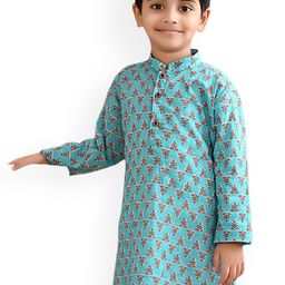 Sangria Blue Boys Ethnic Motifs Printed Mandarin Collar Cotton Straight Kurta-34