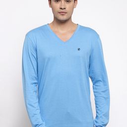 Friskers Men Turquoise Blue Solid V-Neck T-shirt-image-35