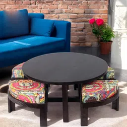 Ikiriya Black Wooden Dark Mahagony Finish Round Coffee Table with Stool and Cushions-image-88