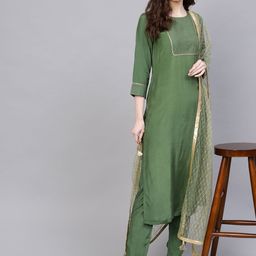 Jaipur Kurti Women Green & Golden Yoke Design Handloom Kurta with Trousers & Dupatta-picture-58