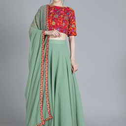 Ethnovog RedGreen Embroidered Made to Measure LehengaBlouse with Dupatta-image-74