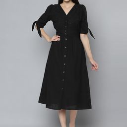 SCOUP Black Floral Embroidered A-Line Cotton Dress-image-85