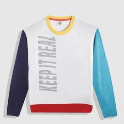 YK Boys White Colourblocked Typography Jacquard Pullover-image-80