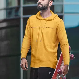 WROGN Men Mustard Yellow Slim Fit Solid Hooded Sweatshirt-picture-17