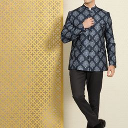 House of Pataudi Navy Blue And White Ethnic Motifs Printed Single-Breasted Jashn Blazer-image-0