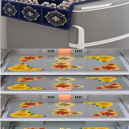 Dakshya Industries 5Pcs Blue & Yellow Floral Printed Fridge Mats & Top Cover-image-5