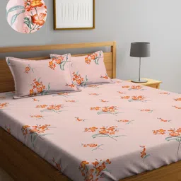 Myntra Elegant Homes Beige & Red Floral 300 TC King Bedsheet with 2 Pillow Covers-picture-1