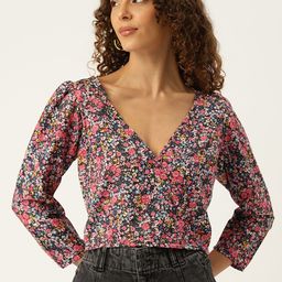 Sleek Italia Floral Print Puff Sleeve Crepe Wrap Crop Top-image-74