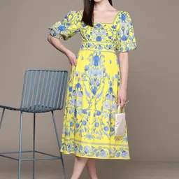 Label Ritu Kumar Floral Print Flared Sleeve A-Line Midi Dress-image-76