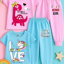 KUCHIPOO Girls Pack Of 2 Printed Round Neck T-Shirts With Joggers-37