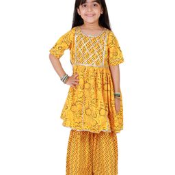 Superminis Half  Sleeves Floral Print Kurti Sharara Set -  Yellow-25