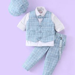 Babyhug Full Sleeves Three Piece Party Suit Checkered with Bow & Hat - White & Blue-picture-7