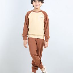 Aww Hunnie Full Sleeves Placement Text Printed & Colour Block Detailed Winter  Sweatshirt And     Joggers Set - Brown-image-88