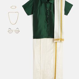 THANGAMAGAN Viscose Half Sleeves Solid Shirt With Mundu & Angavastram With Freebies Set - Dark Slate Green-image-93
