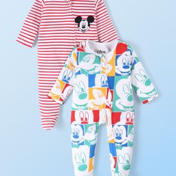 Babyhug Disney Cotton Knit Full Sleeves Sleepsuit With Stripes & Mickey Mouse Print Pack Of 2 - Multicolor-image-5