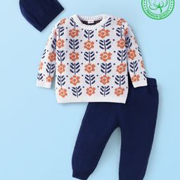 Babyhug Knitted Full Sleeves Pullover Sweater Set with Floral Design & Cap - White & Navy Blue-image-36