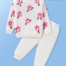 Babyoye 100% Cotton Knitted Textured Full Sleeves Sweater Set with Floral Design - White-27