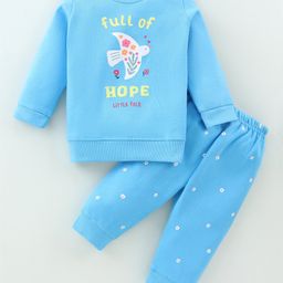 Zero Fleece Knit Full Sleeves T-Shirt & Lounge Pants Set With Text Print - Light Turquoise-picture-10