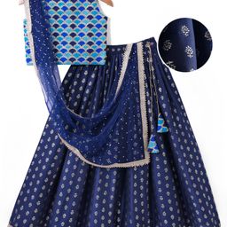 Pine Kids Woven Sleeveless Choli Lehenga & Dupatta Set With Foil Print & Embroidery With Sequin Detailing - Navy Blue-image-74