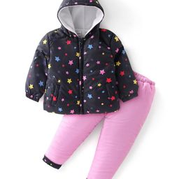 Babyhug Woven Full Sleeves Hooded Puffer Jacket & Lounge Pants Set With Stars Print - Navy-image-96