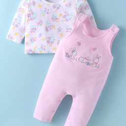 ToffyHouse Interlock Knit Dungaree Style Romper & Full Sleeves T-Shirt With Animal Embroidery & Floral Print - Pink & White-image-86