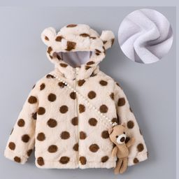 Kookie Kids Full Sleeves Hooded Winter Fur Jacket with Polka Dot Design & Teddy Bear Applique - Beige-image-43