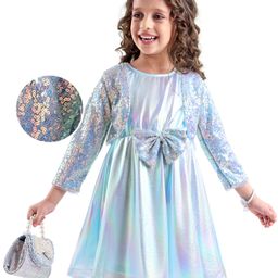 Hola Bonita Knit Full Sleeves Sequined Shrug &Knee LengthHolographic Party Dress with Bow Applique - Light Blue-image-67