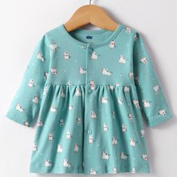 Simply Interlock Full Sleeves Front Open Frock with Horse Print - Teal Blue-picture-12