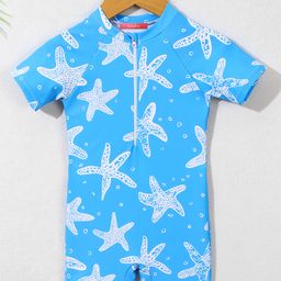 Babyhug Half Sleeves Legged Swimsuit withStar Print - Blue-picture-27