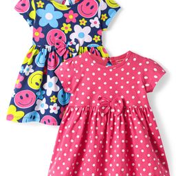 Babyhug Single Jersey Knit Half Sleeves Floral & Polka Dots Printed Frocks with Bow Applique Pack of 2 - Blue & Pink-image-44